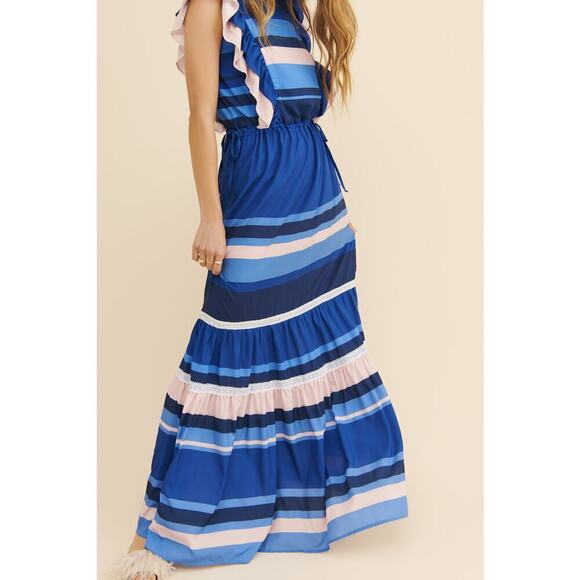Anthropologie Especia Blue Pink Striped Zelanda Maxi Dress Size S Euro Summer - Picture 1 of 10